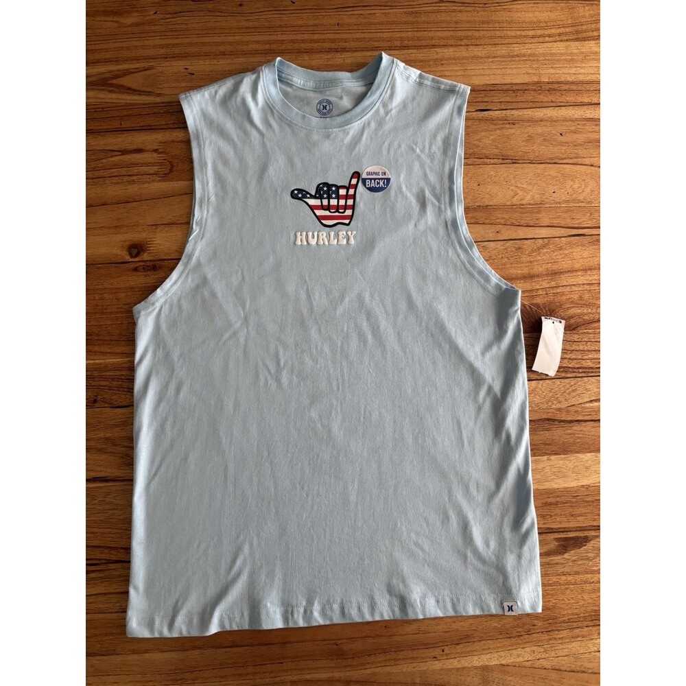 Hurley Mens Shaka American Flag Graphic Muscle Tank Top Light Blue Medium NEW